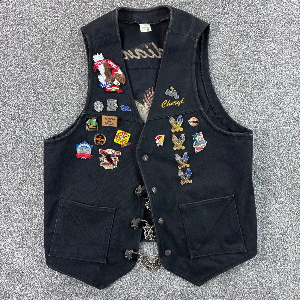Vintage DS Denim Biker Vest Mens Small Black Patches Pins AMA Road Rider